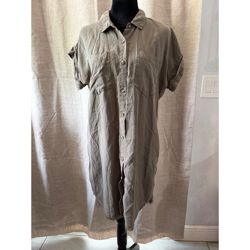 Thread & Supply Olive Green Lyocell Fringe Hem Button Front Shirt Dress Medium